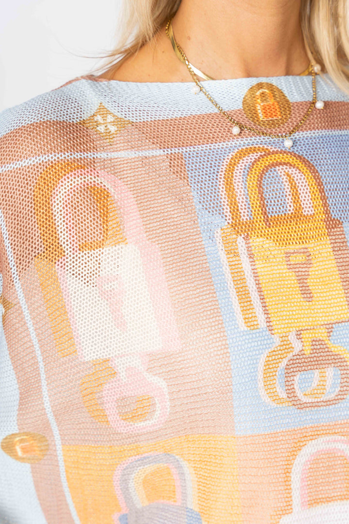 0801 "Lock" printed batwing sweater