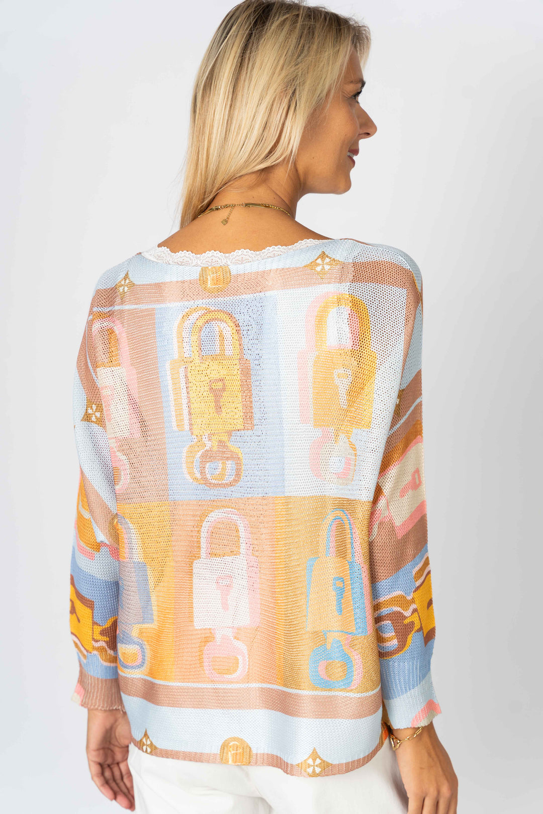 0801 "Lock" printed batwing sweater