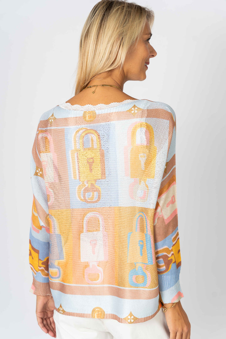 0801 "Lock" printed batwing sweater