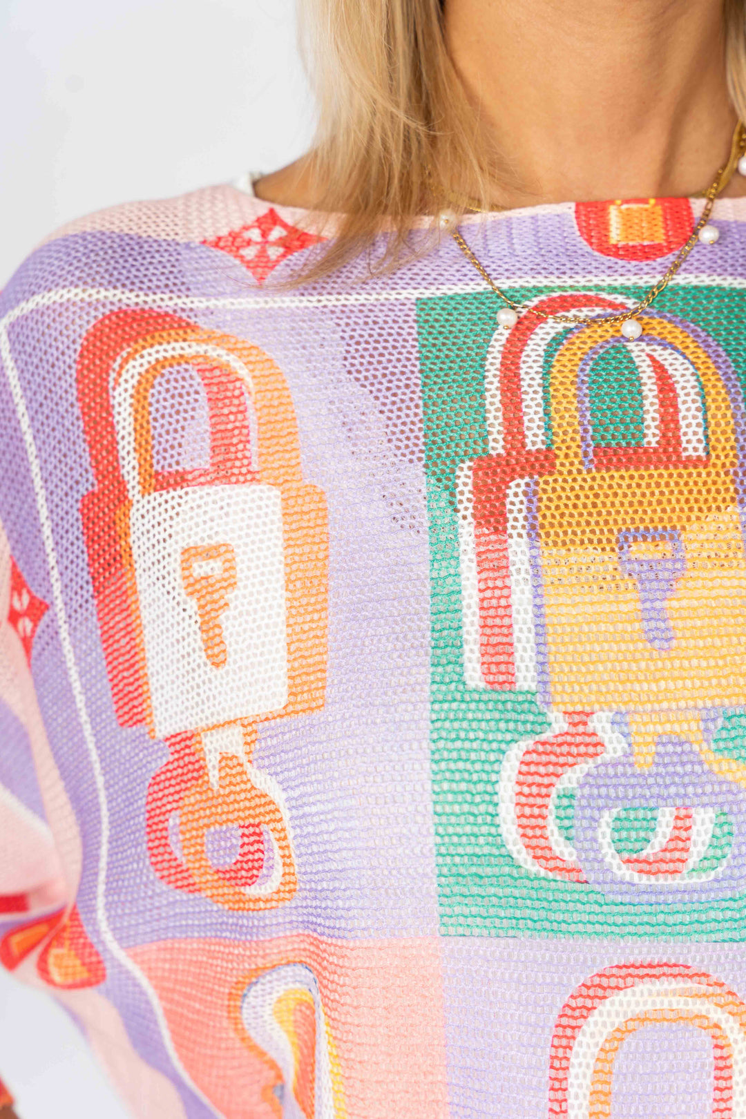 0801 "Lock" printed batwing sweater