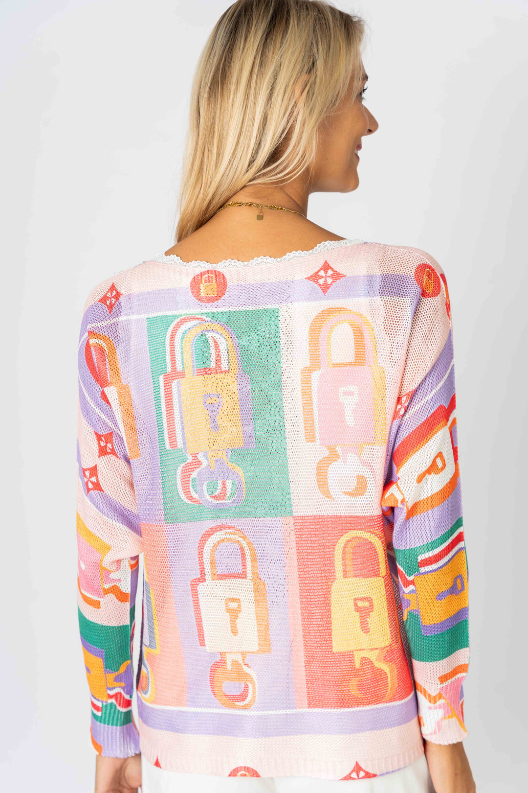 0801 "Lock" printed batwing sweater