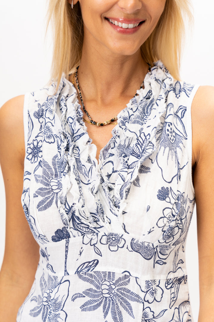 3131F V-Neck Linen Dress Flower Print