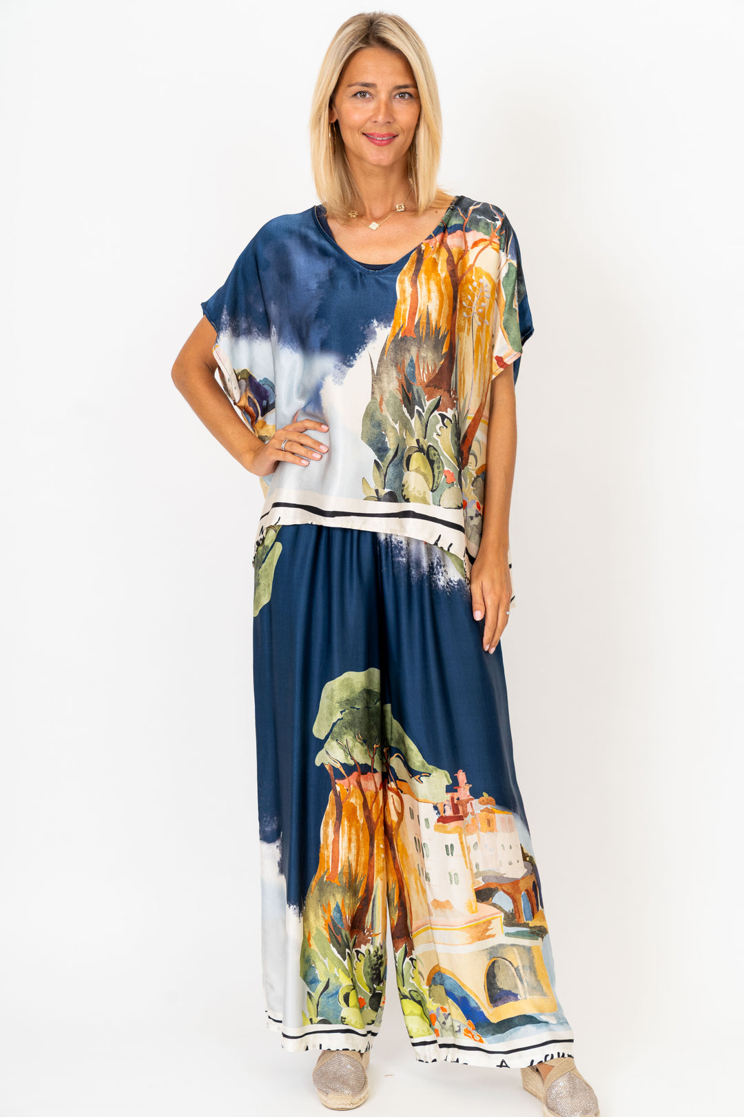 9749 "Village" Print Satin Blouse