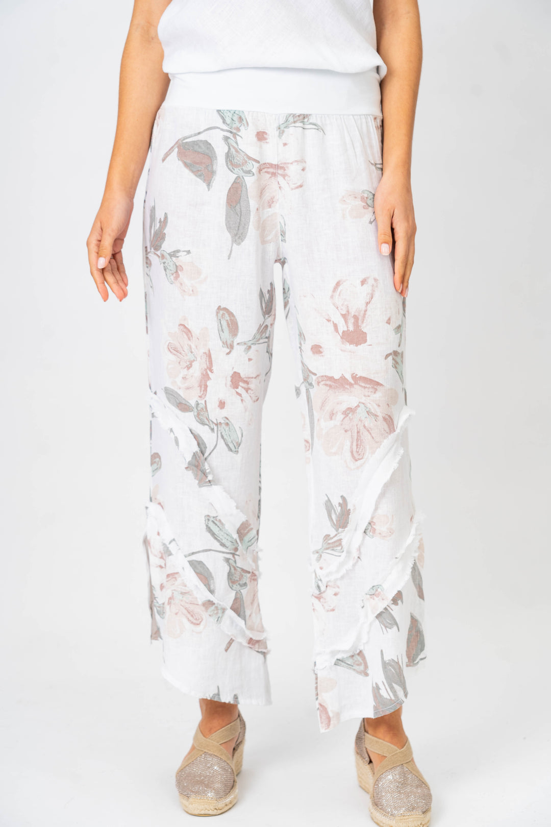 8155 Flower Printed 3/4 wide leg Linen Pant