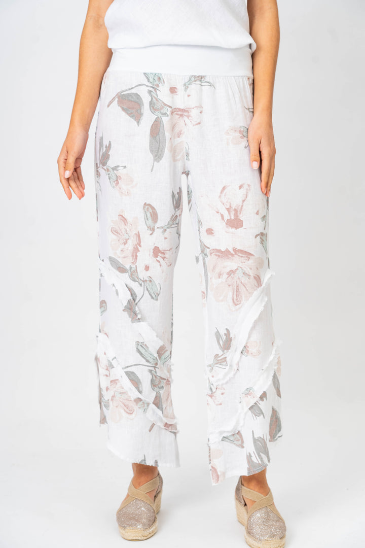 8155 Flower Printed 3/4 wide leg Linen Pant
