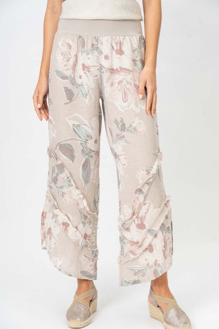 8155 Flower Printed 3/4 wide leg Linen Pant
