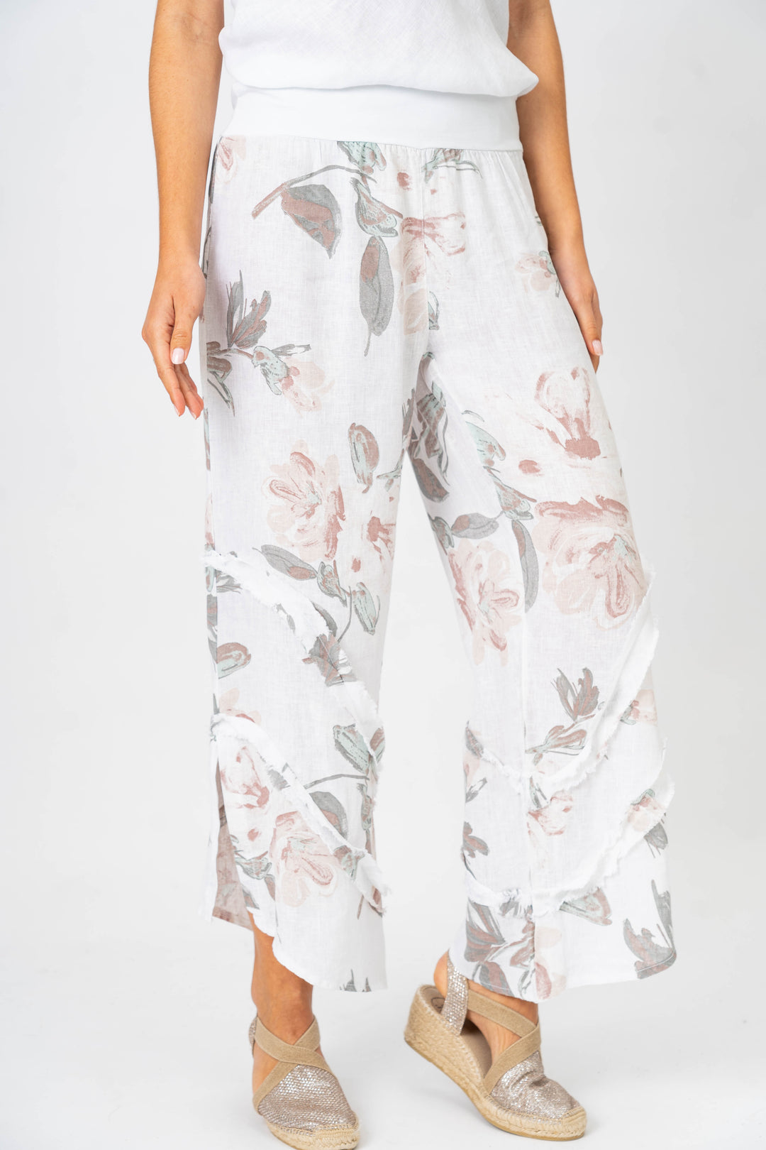 8155 Flower Printed 3/4 wide leg Linen Pant