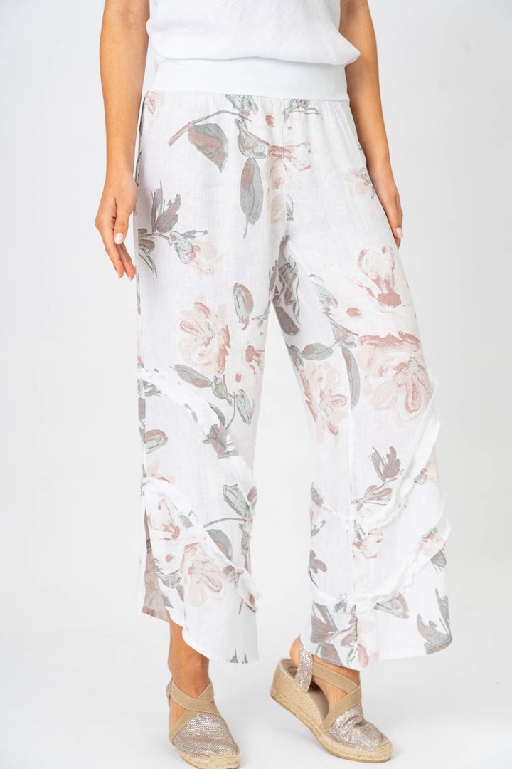 8155 Flower Printed 3/4 wide leg Linen Pant