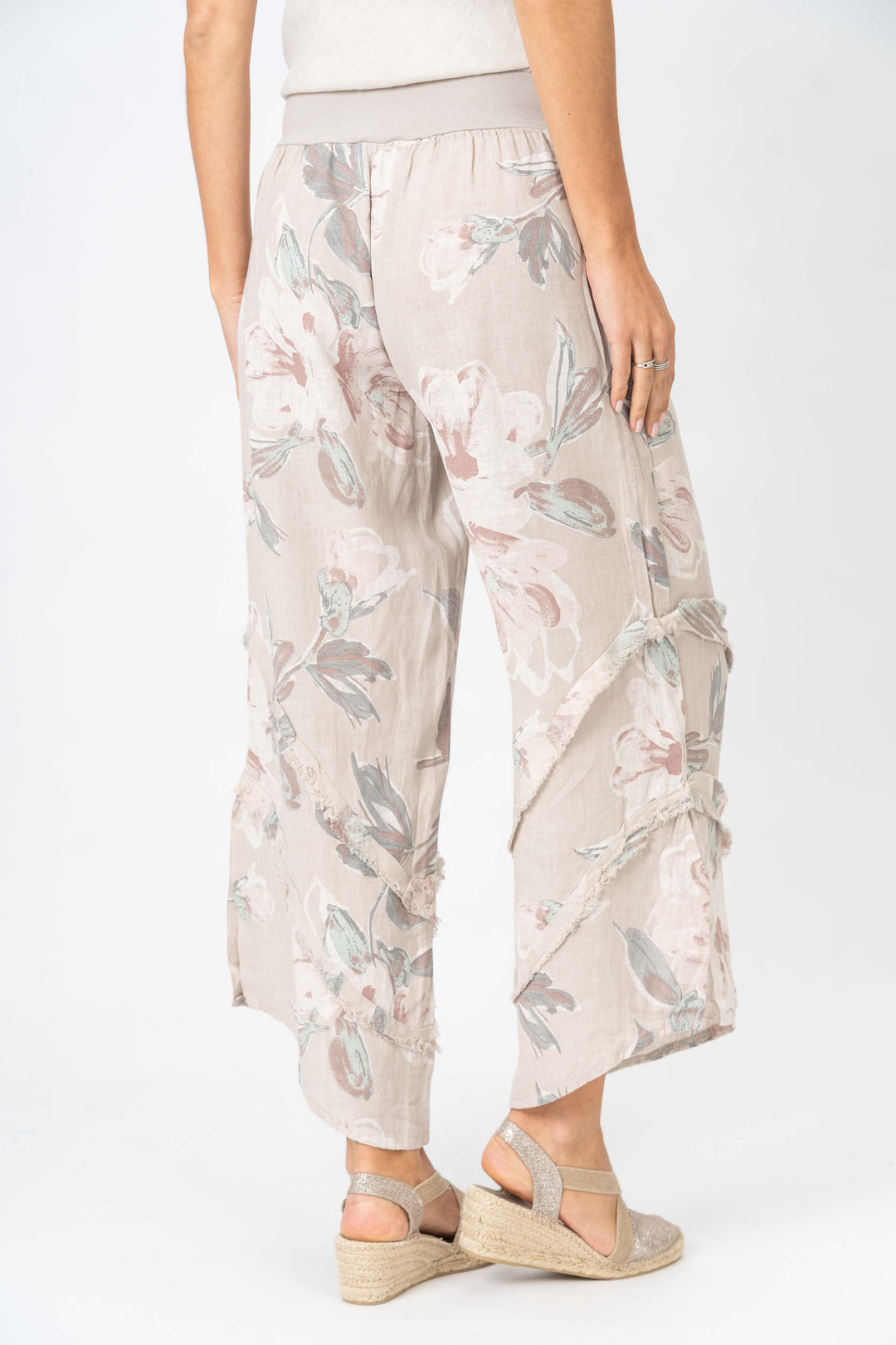 8155 Flower Printed 3/4 wide leg Linen Pant