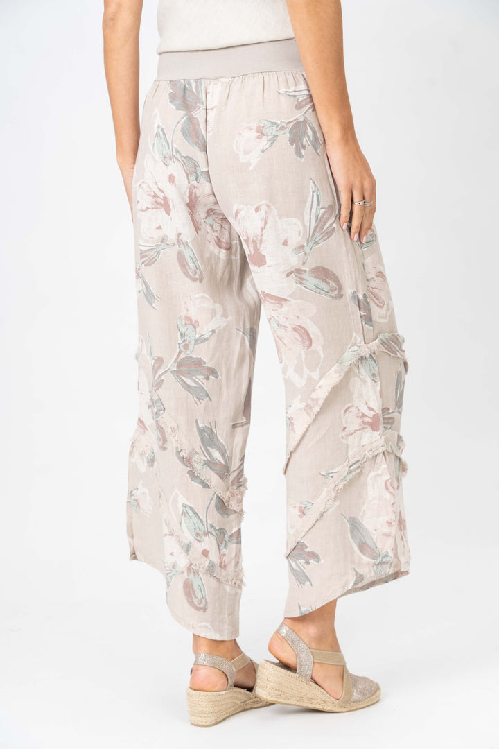 8155 Flower Printed 3/4 wide leg Linen Pant
