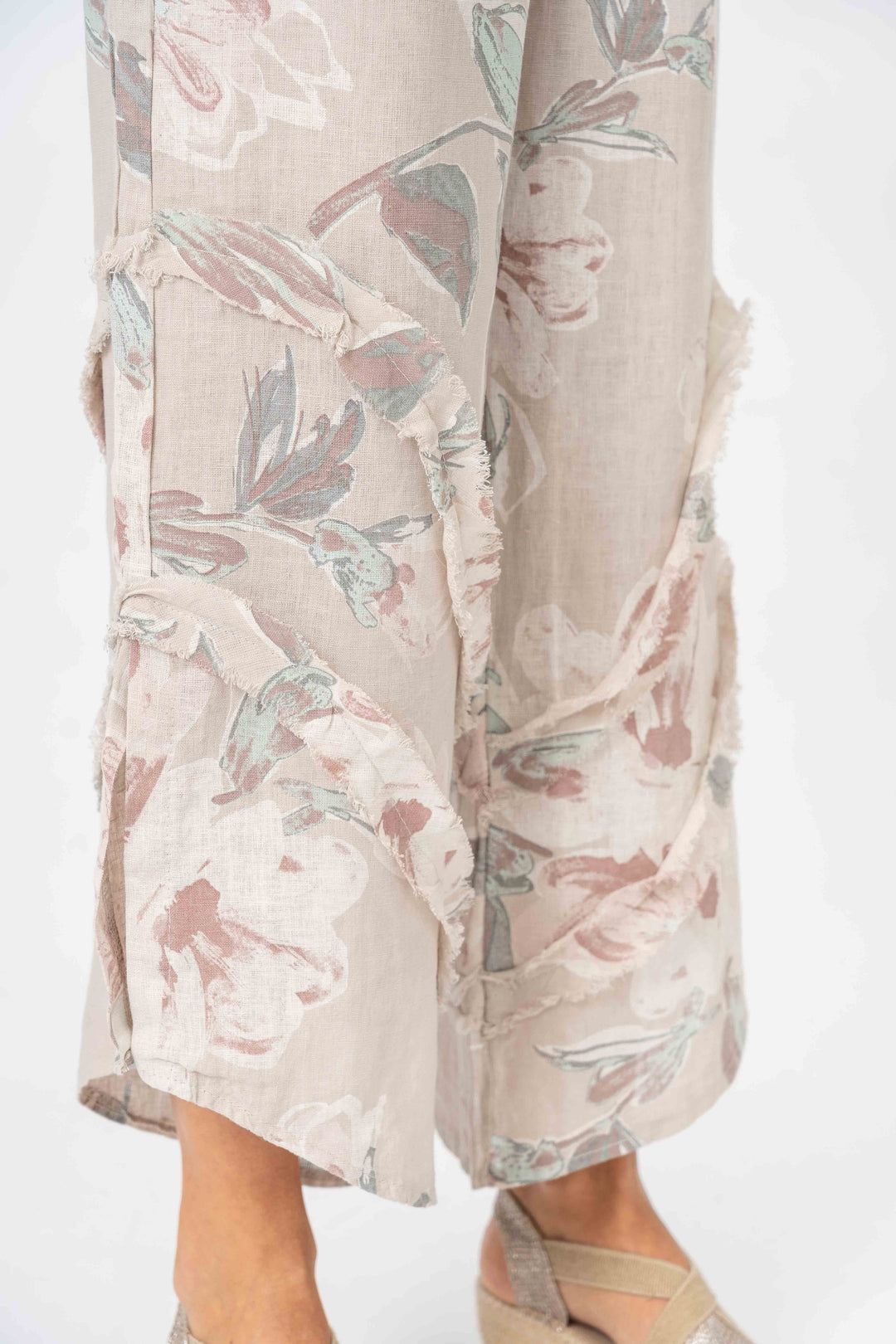 8155 Flower Printed 3/4 wide leg Linen Pant