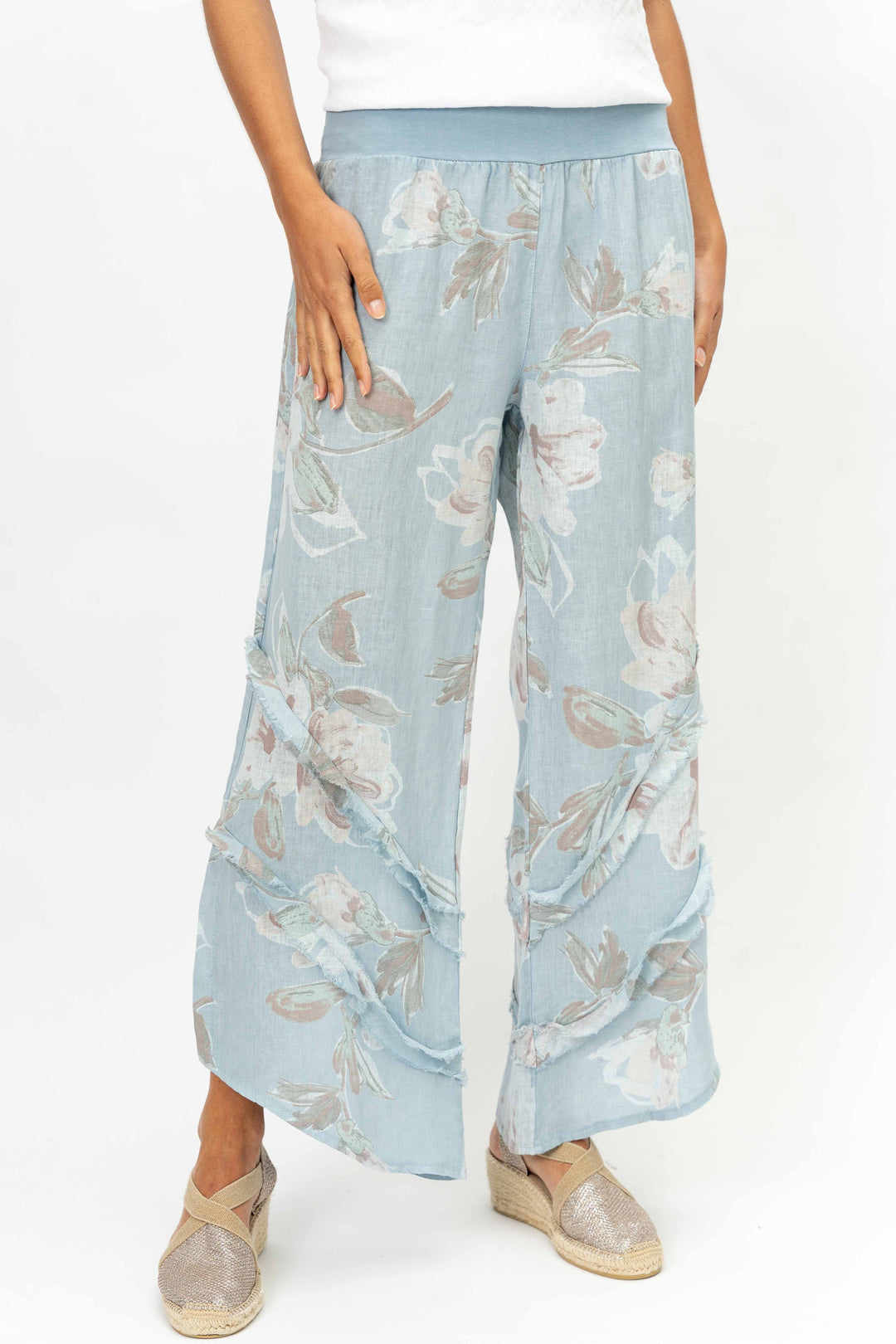8155 Flower Printed 3/4 wide leg Linen Pant