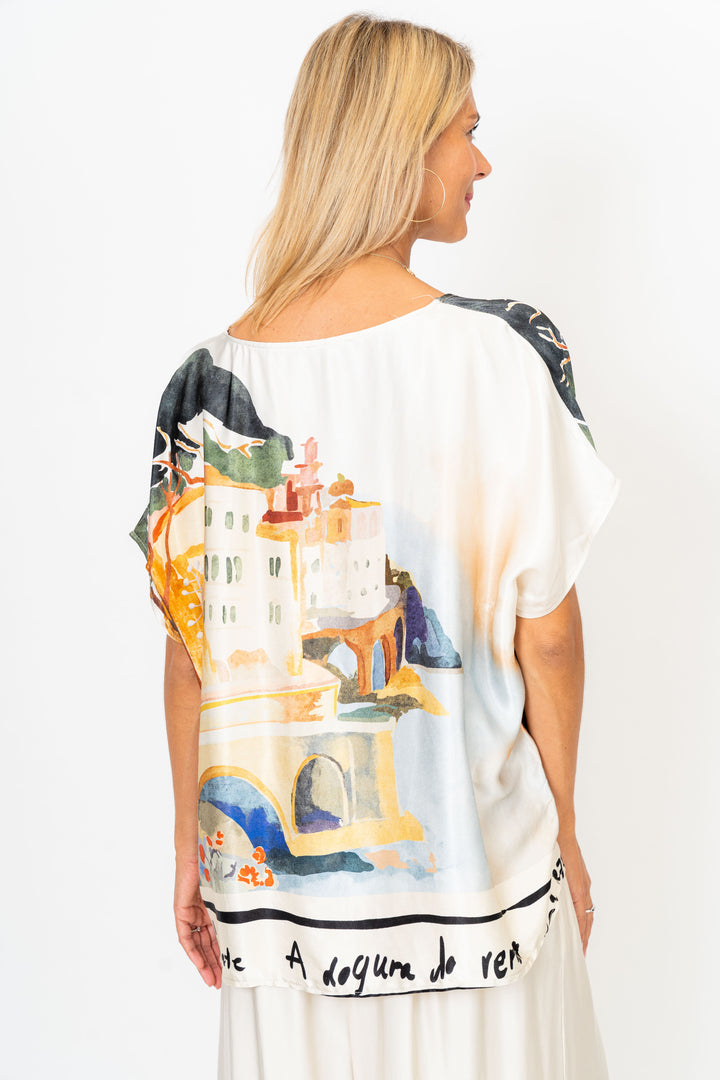 9749 "Village" Print Satin Blouse