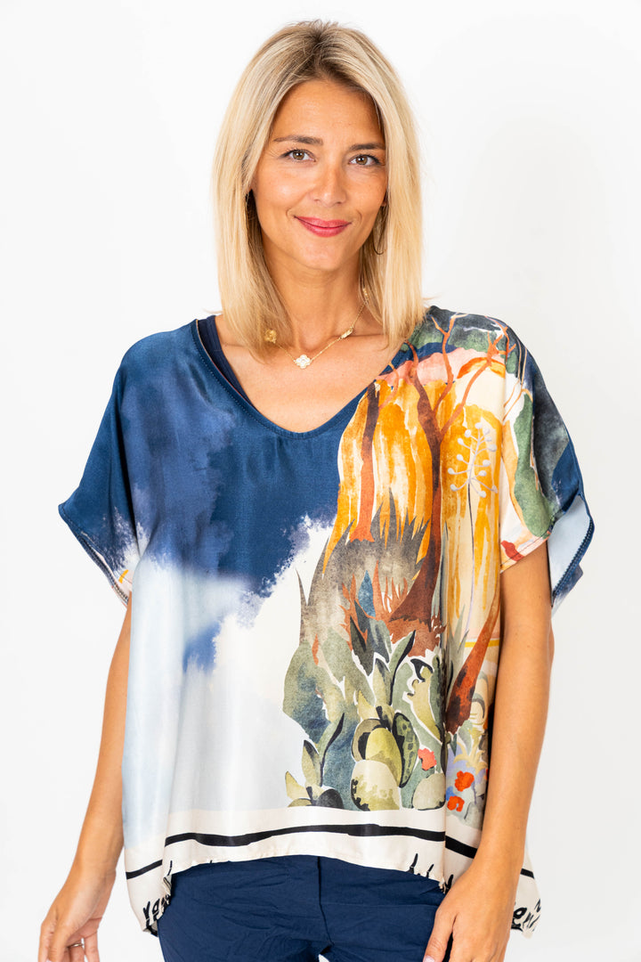 9749 "Village" Print Satin Blouse