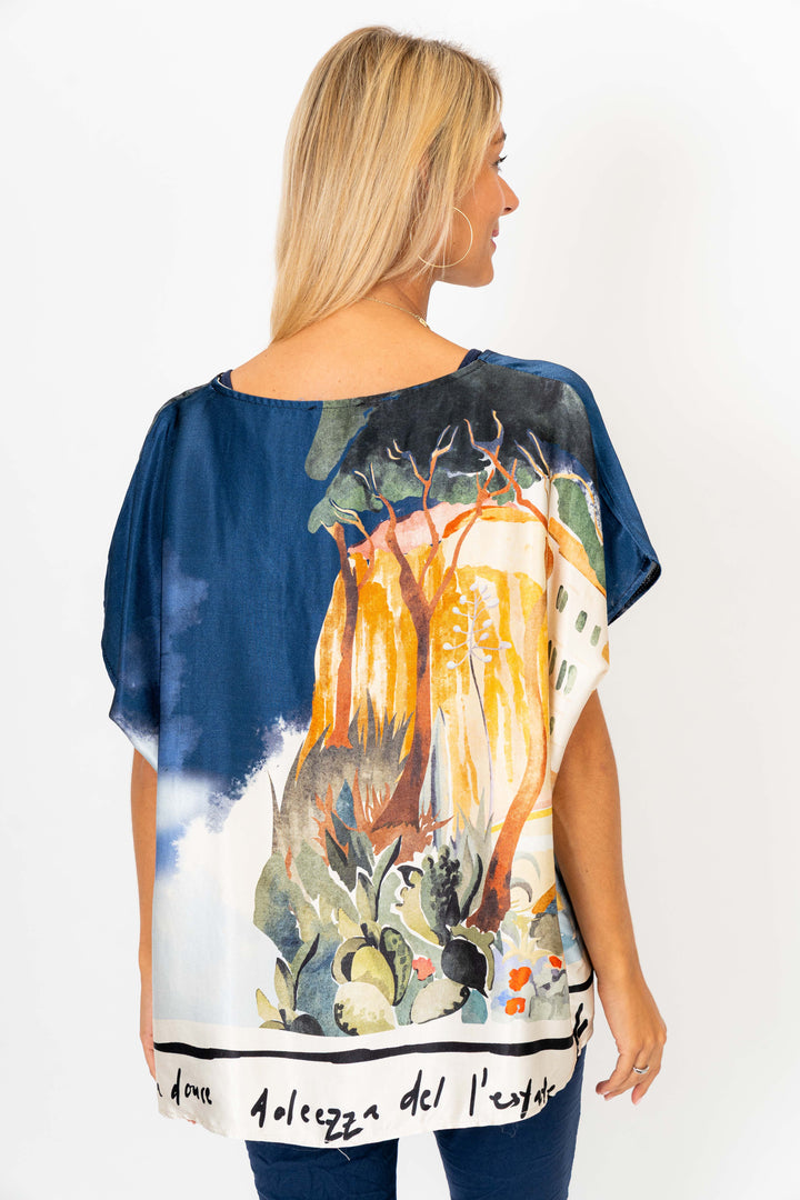 9749 "Village" Print Satin Blouse