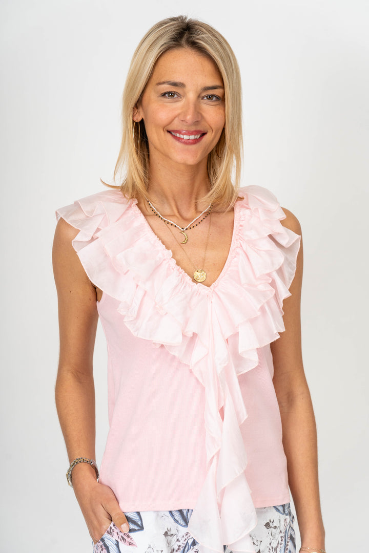 Ruffle Neckline Sleeveless Top