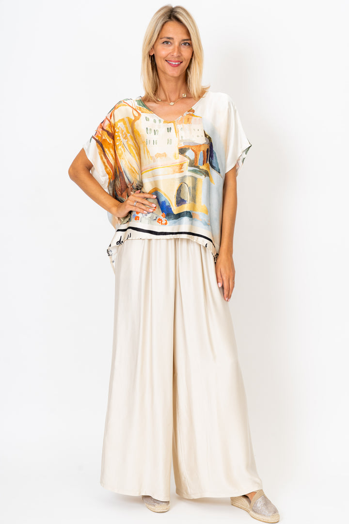 9749 "Village" Print Satin Blouse