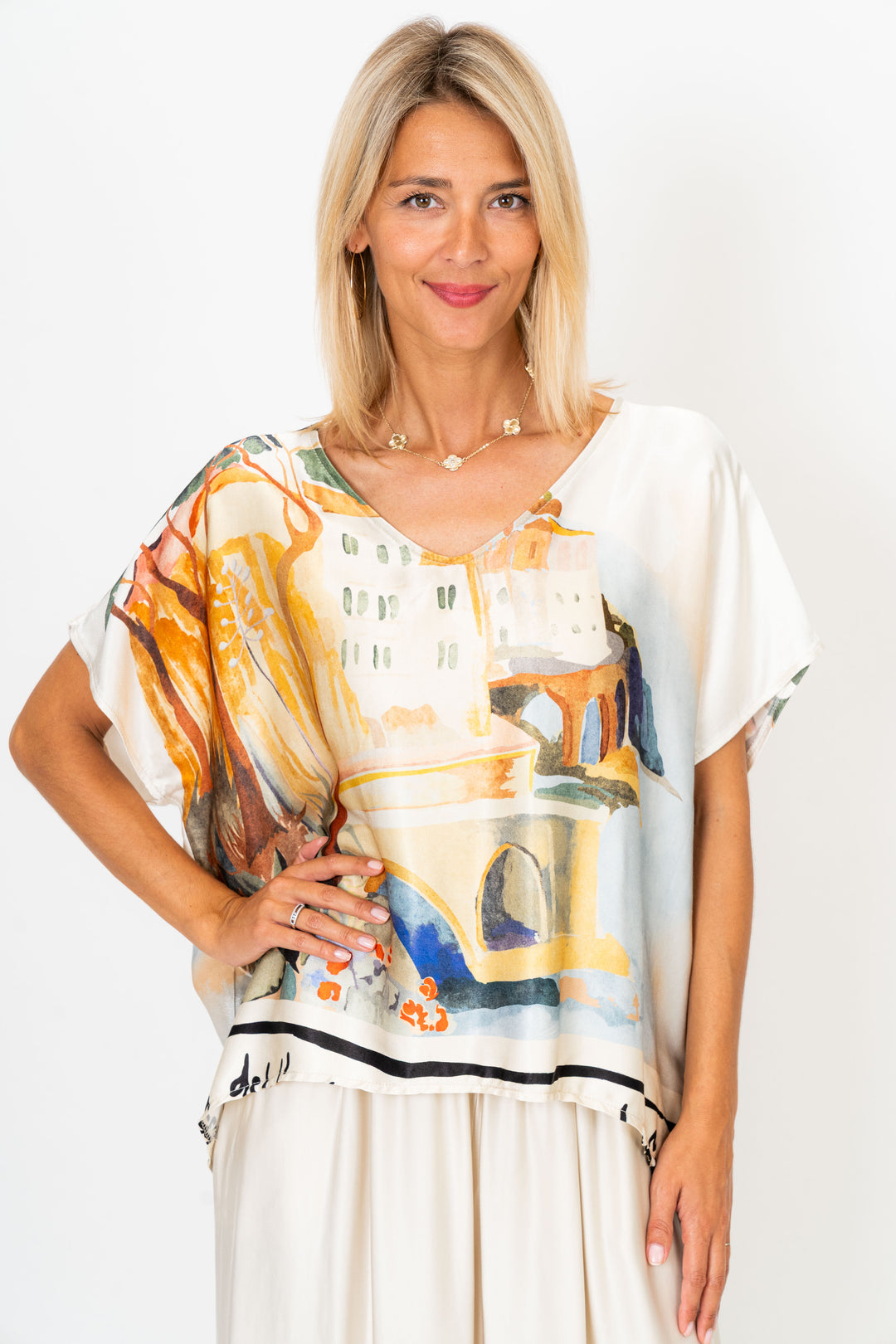 9749 "Village" Print Satin Blouse