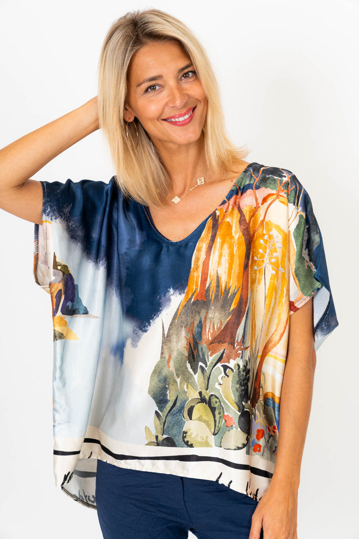 9749 "Village" Print Satin Blouse