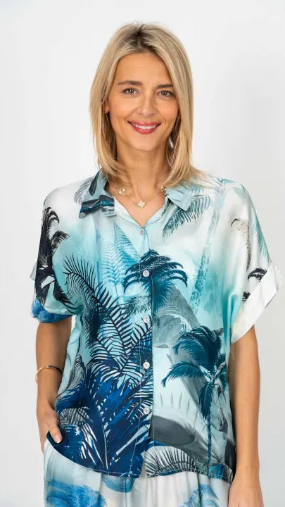 Palm Leaf Print Satin Shirt