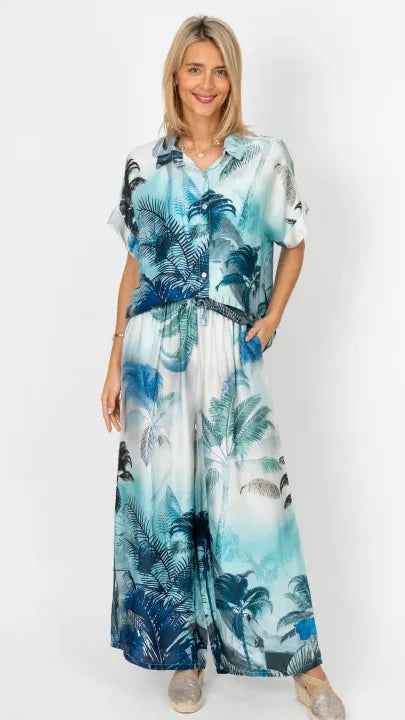 Palm Leaf Print Satin Shirt